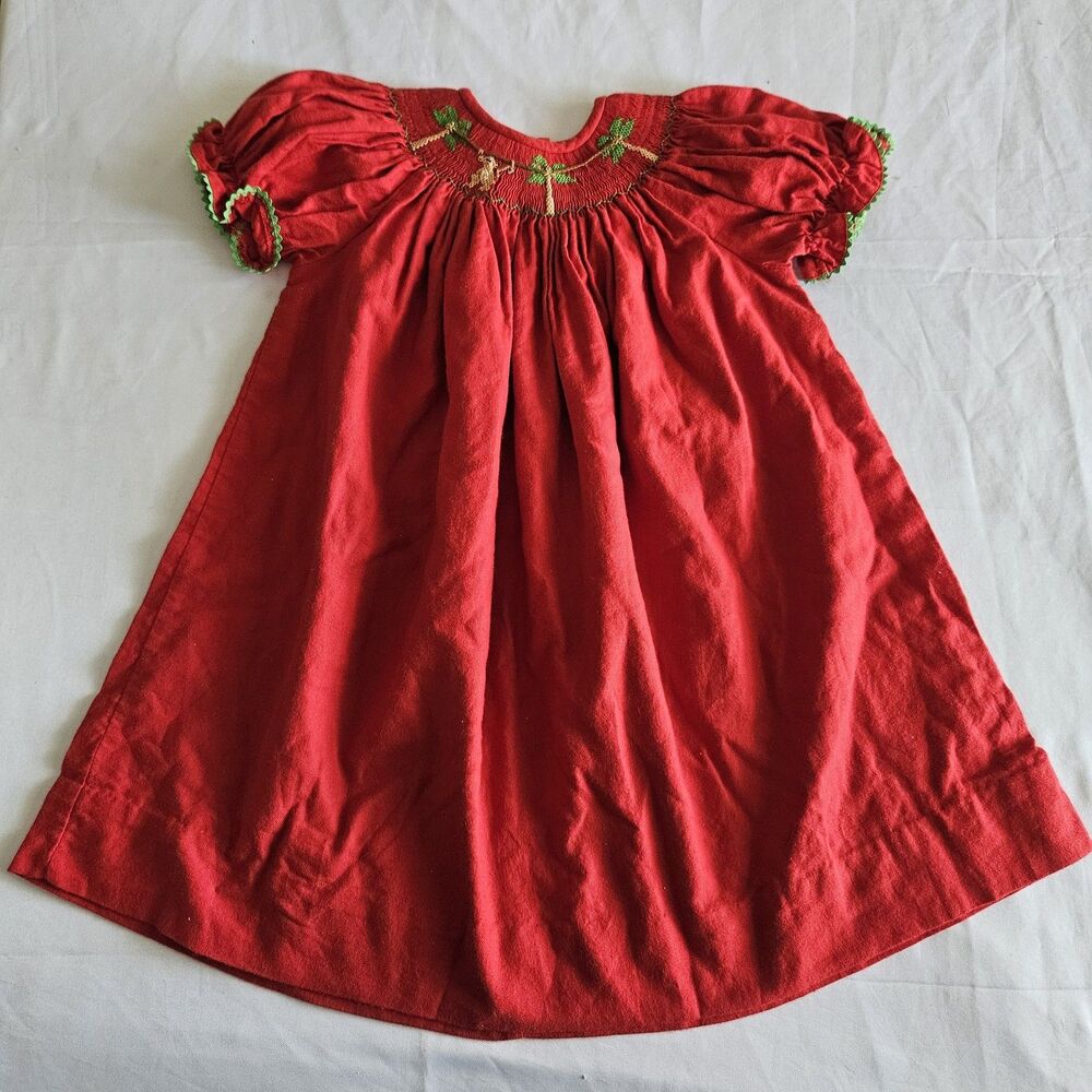 Vintage Silly Goose Hand Smocked Monkey Palm Tree Dress Red Green Ricrac 24M
